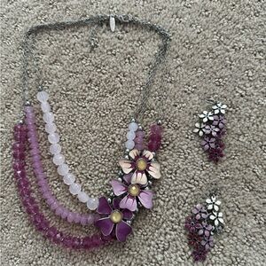 Purple flower necklace and earrings set